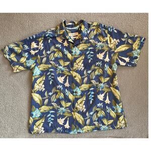 Tommy Bahama Camp Button Shirt Mens XL Silk Floral Hawaiian Beach Vacation Blue